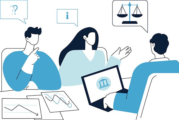 Ilustración de un despacho de abogados y gestores.